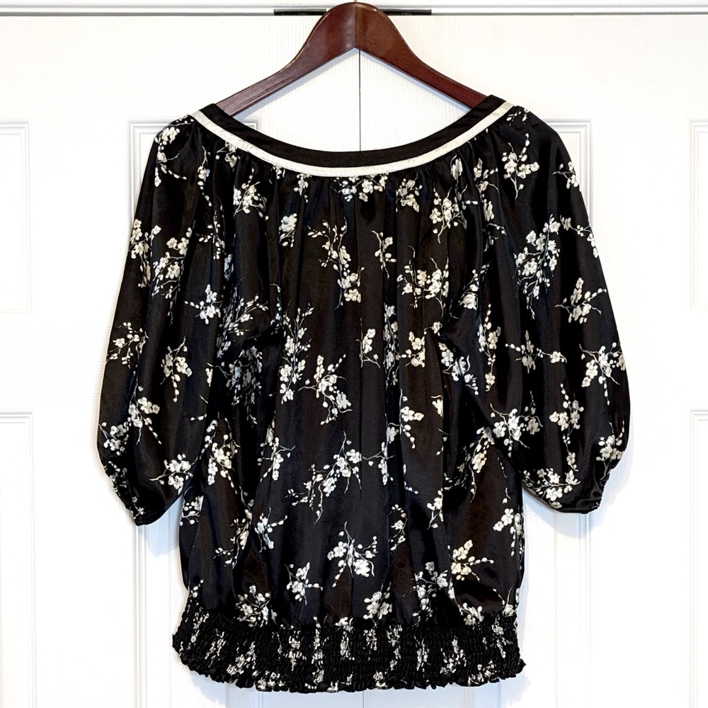 Size XL Y2K Suzy Shier Lace Up Floral Black and White Peasant Blouse Fairycore - Picture 2 of 14